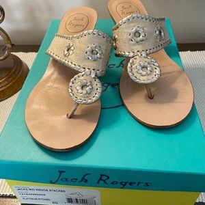 Jack Rogers Platinum Etched Jacks Mid Wedge Stacked Heel 8M